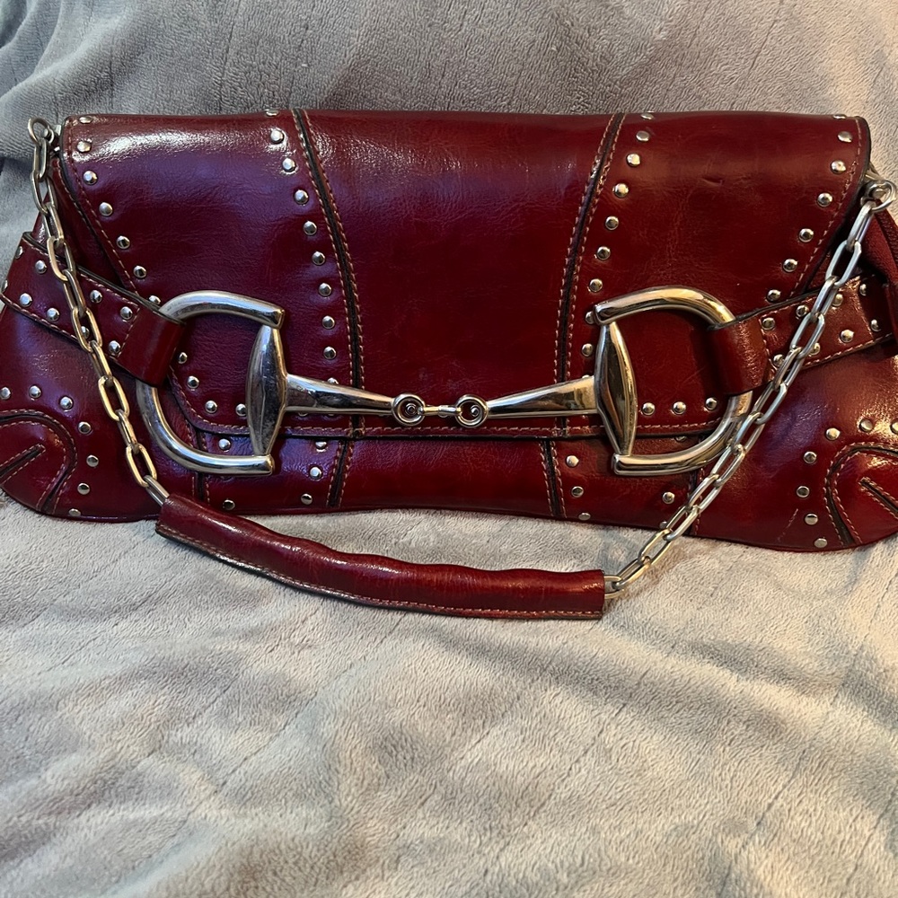 Rina Rich Horsebit Studded Shoulder Bag Purse - maroon silver Y2K Chain Strap